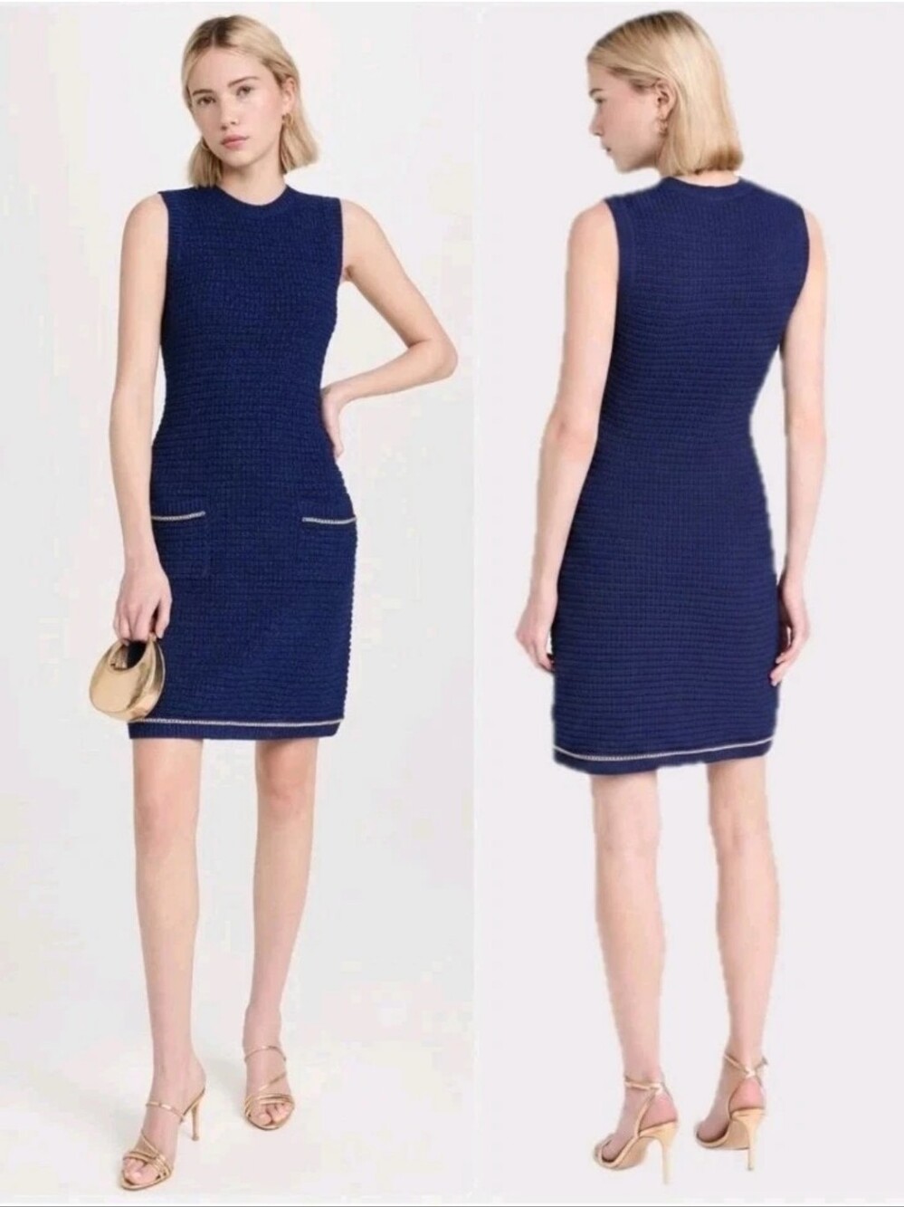 Shoshanna Saige Dress Woman L Blue Knit Tunic Sleeveless Sweater Chain Pockets